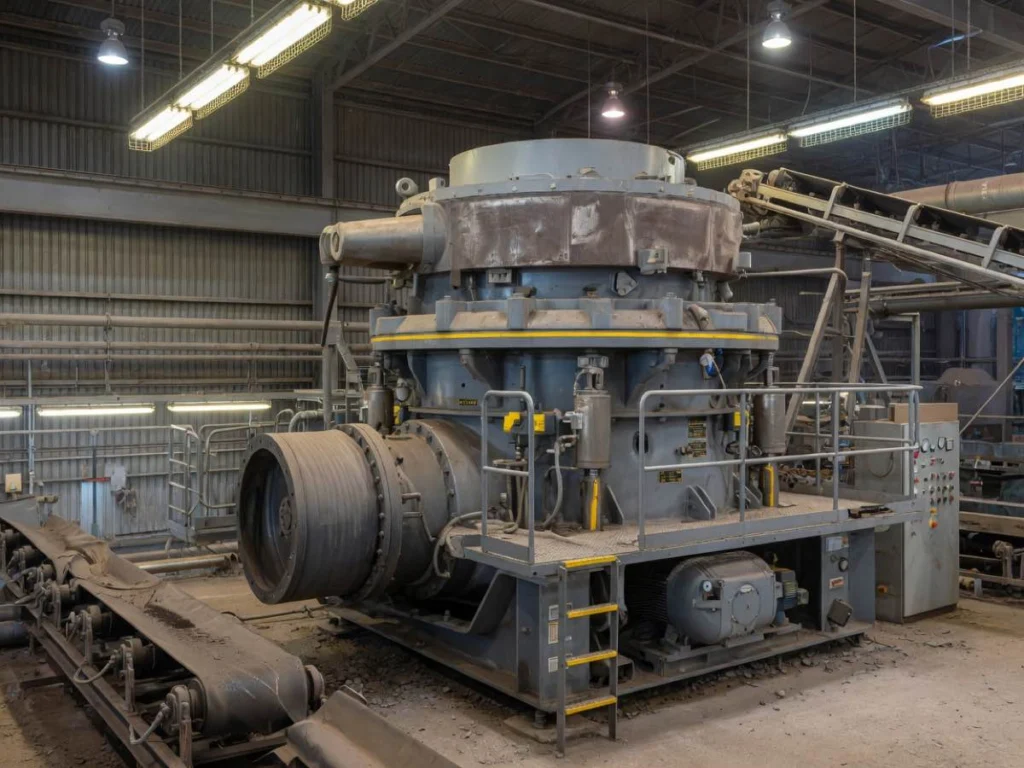 Cone crusher under a workshop roof