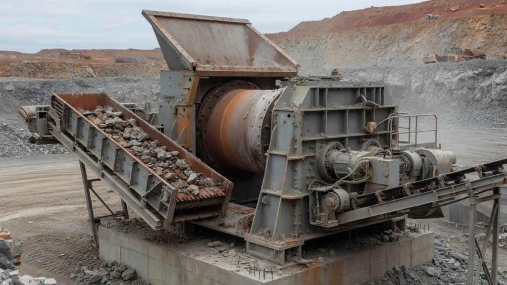 Primary jaw crusher on its concrete pad at the pit face