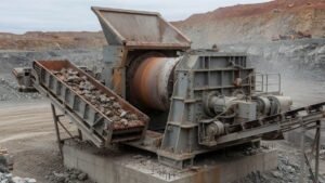 Primary jaw crusher on its concrete pad at the pit face