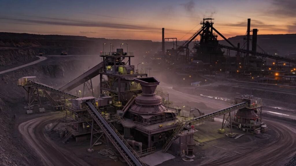Crushing and screening plant lit at dusk inside an open pit